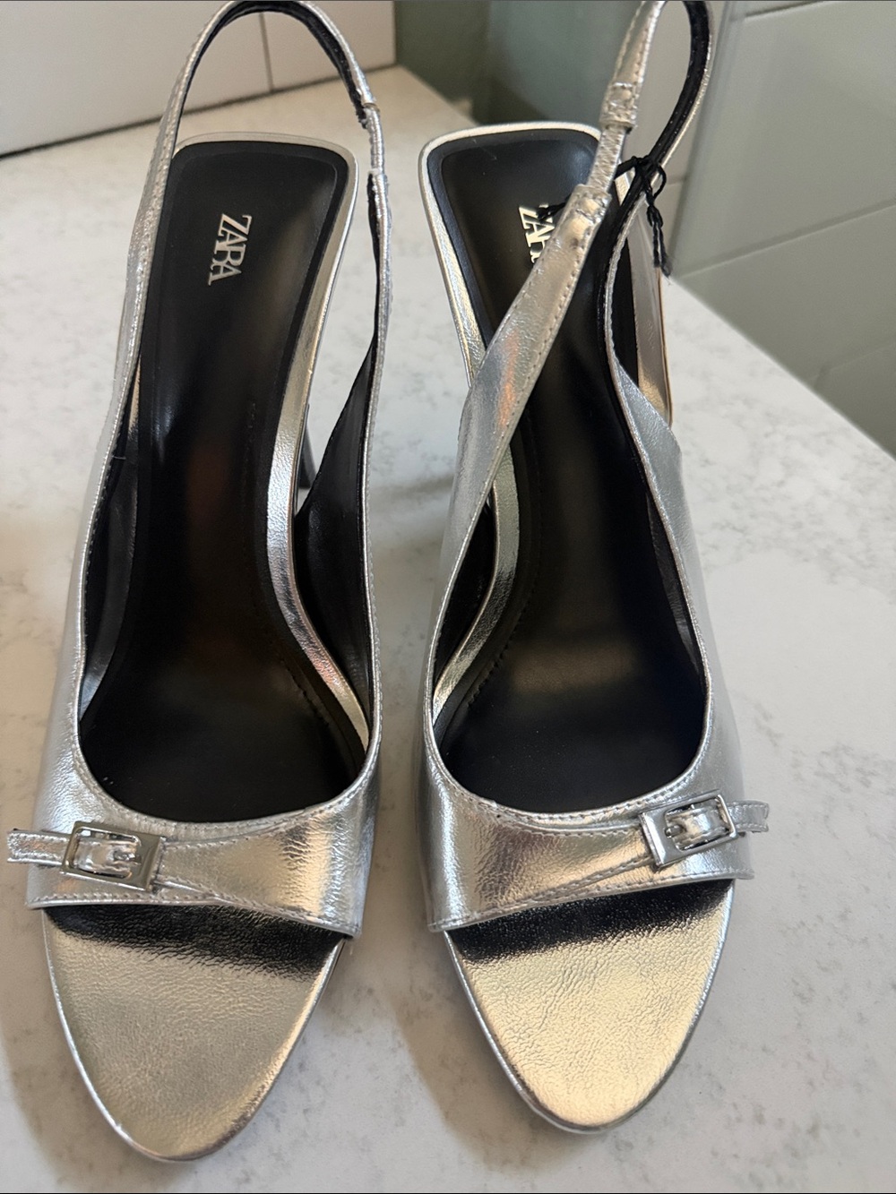 Zara Metallic Silver Slingback Heels